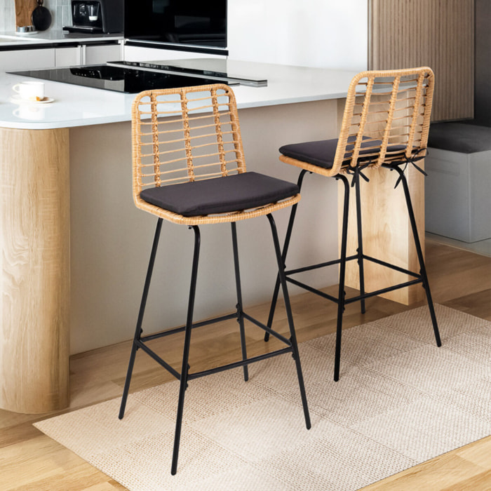 Tabourets de bar Cuba style rotin avec coussin - lot de 2
