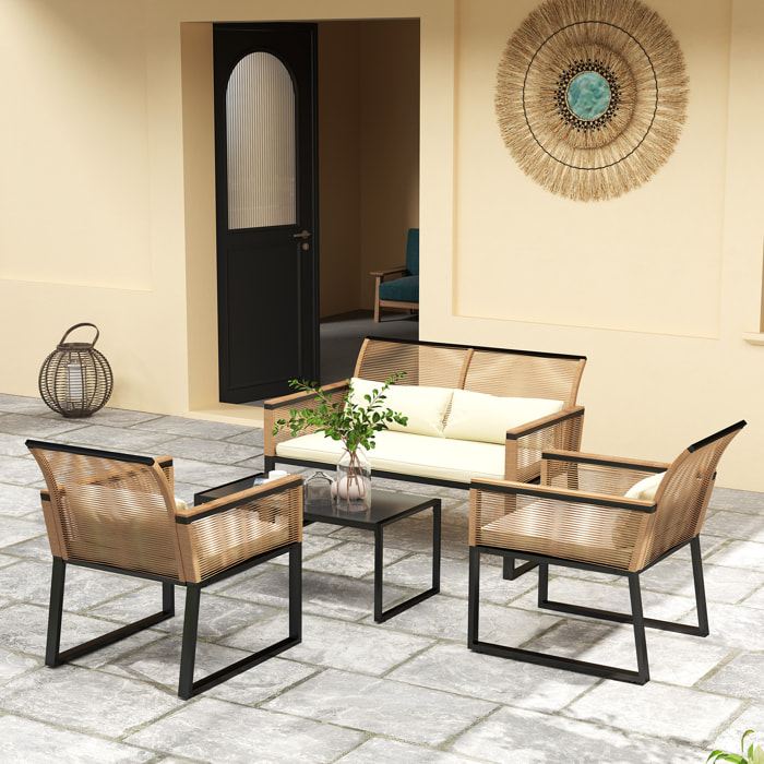 Conjunto de Jardín Exterior 4 Piezas de Ratán Sintético Muebles Jardín Exterior con 2 Sillones 1 Sofá de 2 Plazas y Mesa de Centro con Tablero de Vidrio Templado Natural y Crema