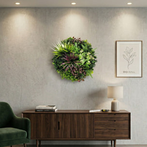 Iris - Quadro vegetale rotondo Ø50 cm con foglie e fiori in PE cornice in alluminio nera