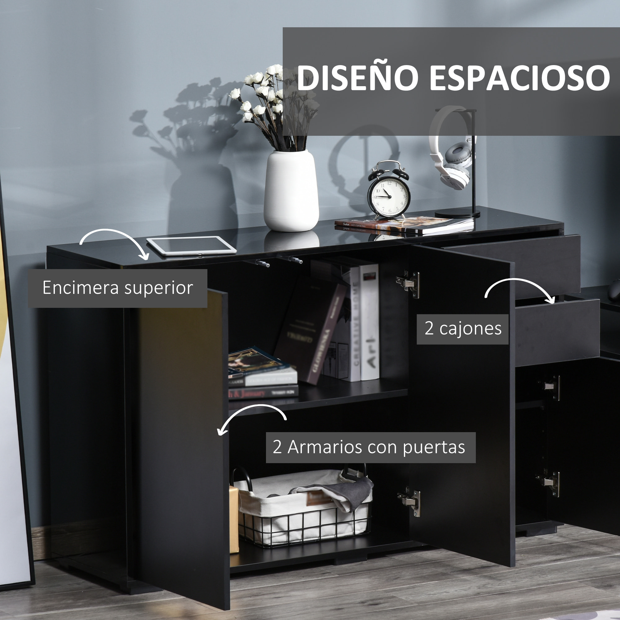 Aparador para Salón Aparador de Entrada con 3 Puertas 2 Cajones y Estante Ajustable Armario de Almacenamiento para Cocina Sala 117x36x74 cm Negro