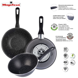 Magefesa K2 GRANSASSO wok 28, acero esmaltado vitrificado, en gris, inducción y lavavajillas