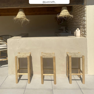 Tabouret pour îlot central 65 cm en jonc de mer et teck - Jovan