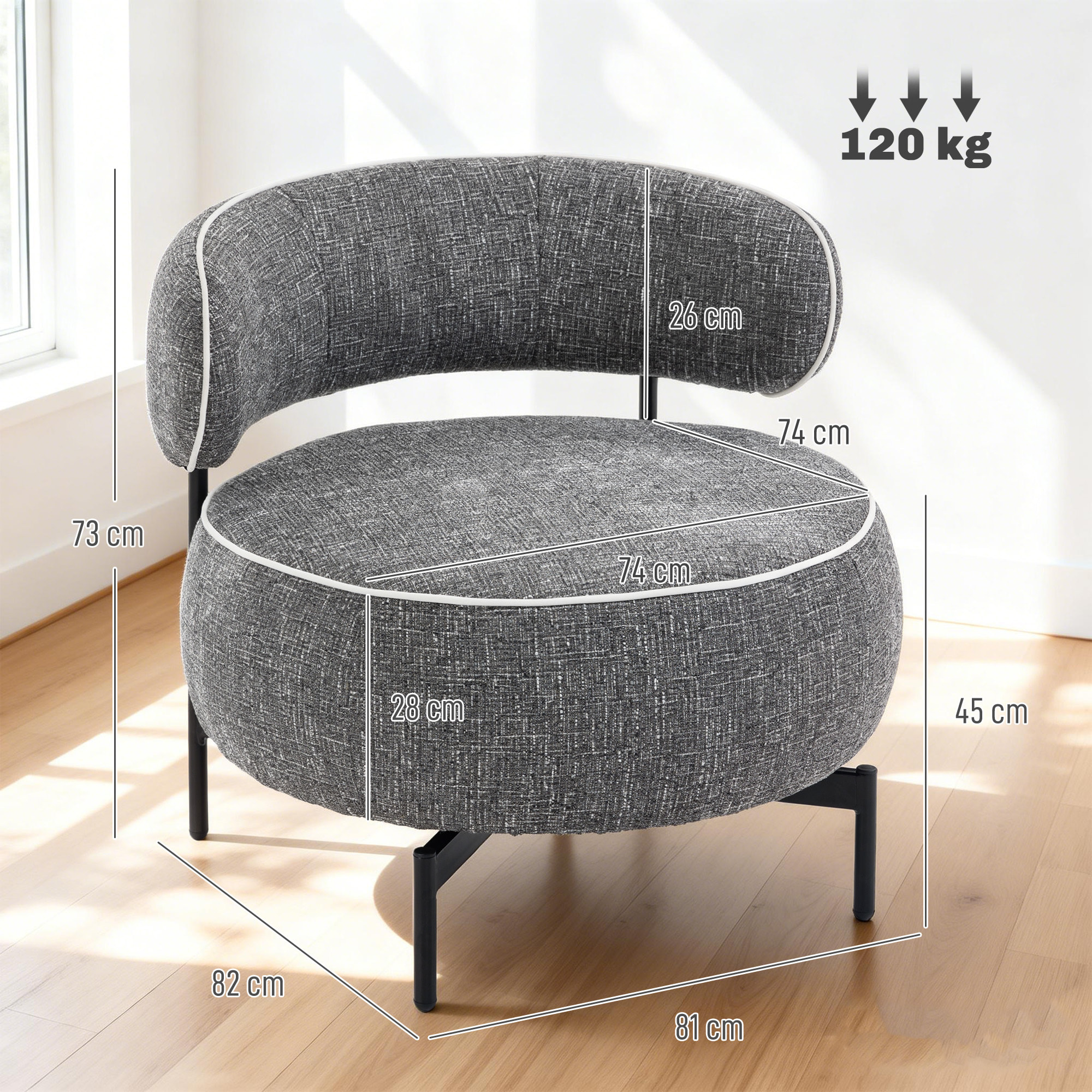 Butaca de Salón con Asiento Giratorio, Sillón de Salón, Tapizado en Lino, con Asiento Amplio, Acolchado Grueso, Patas de Metal para Dormitorio, Lectura, Gris Oscuro