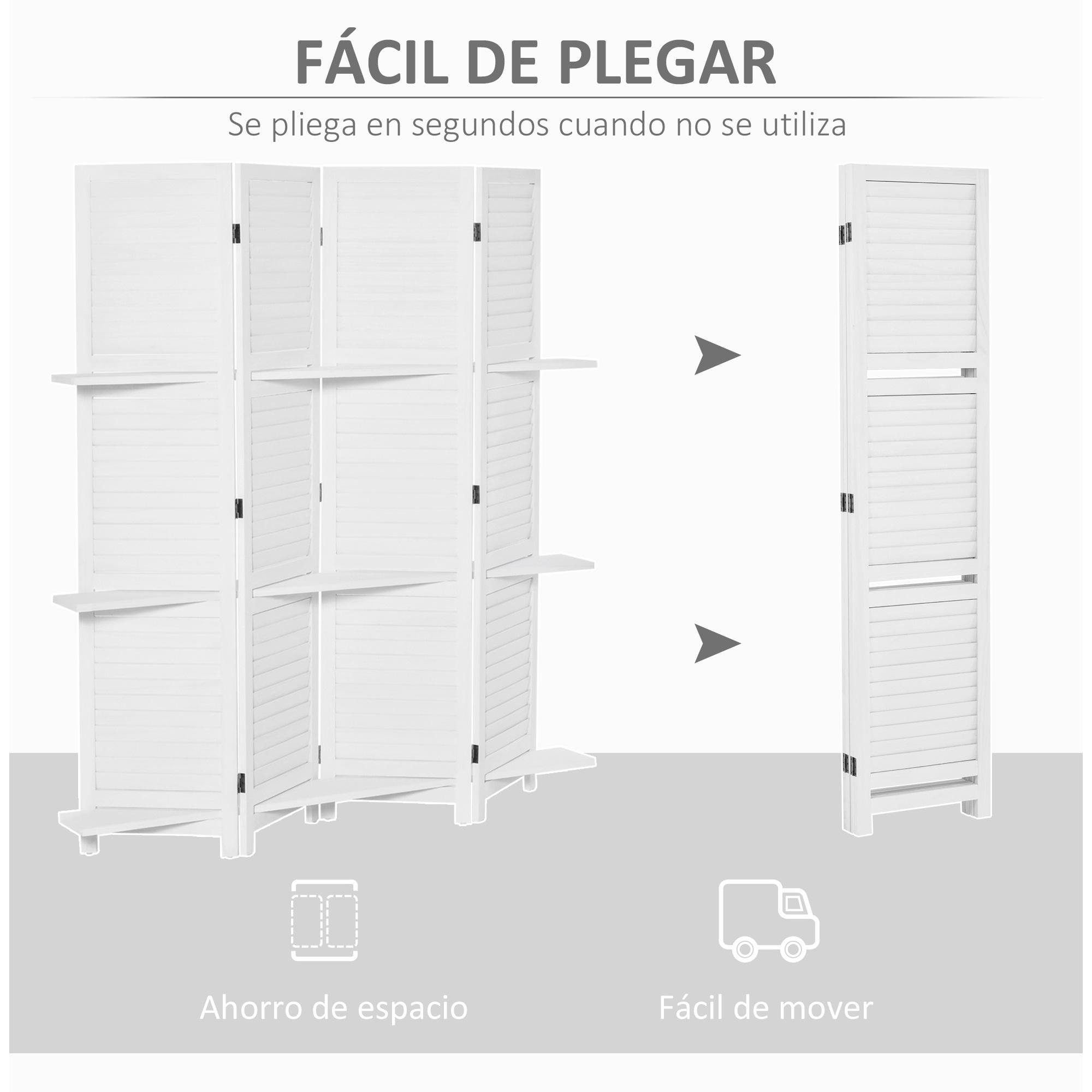 Biombo Separador de Madera de 4 Paneles Divisor de Habitaciones Plegable con 3 Estantes Extraíbles Diseño Persiana para Dormitorio Oficina 160x170 cm Blanco