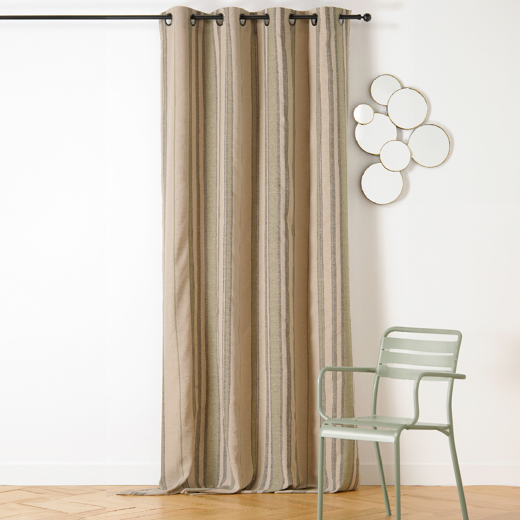 Rideau à Oeillets Lin Rayé Esprit Méditerranéen - Kaki
