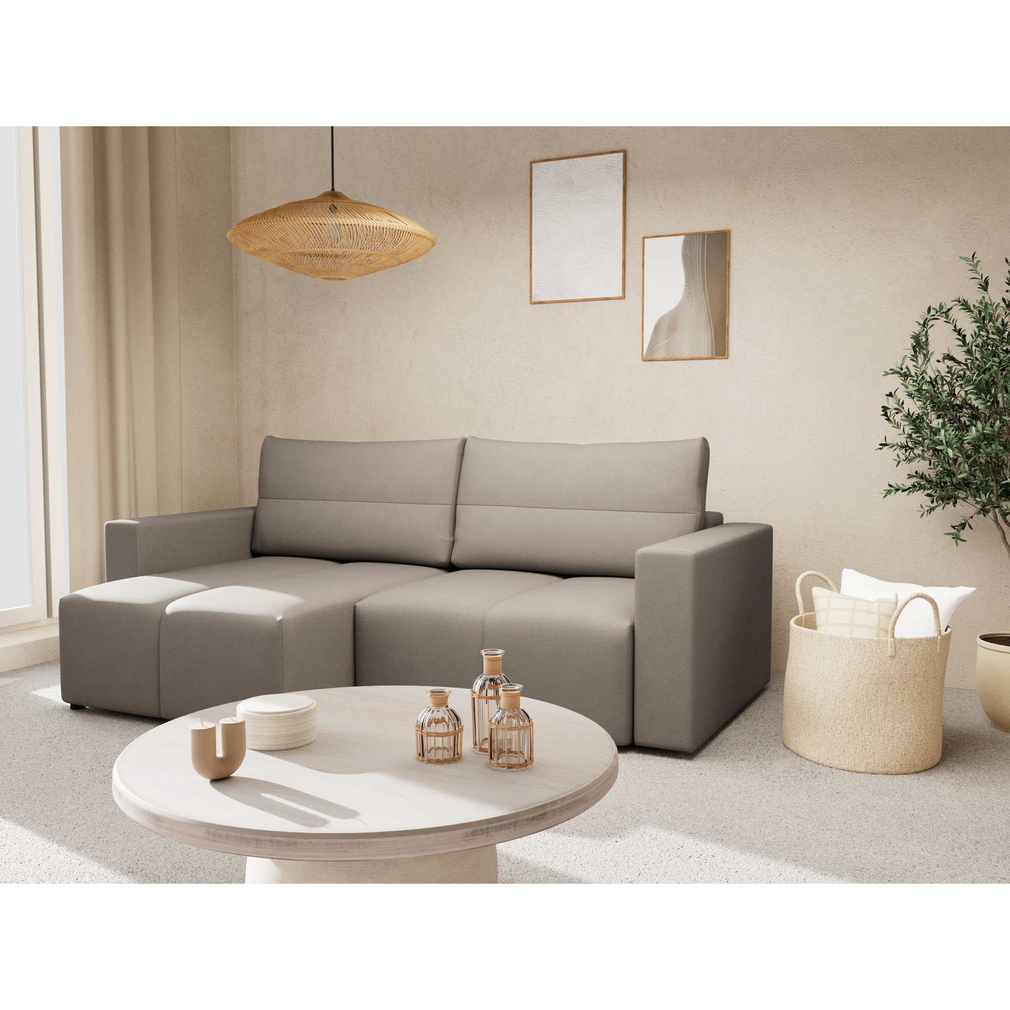 Daryl - canapé d'angle réversible 4 places convertible avec coffre en tissu texturé - Gris clair