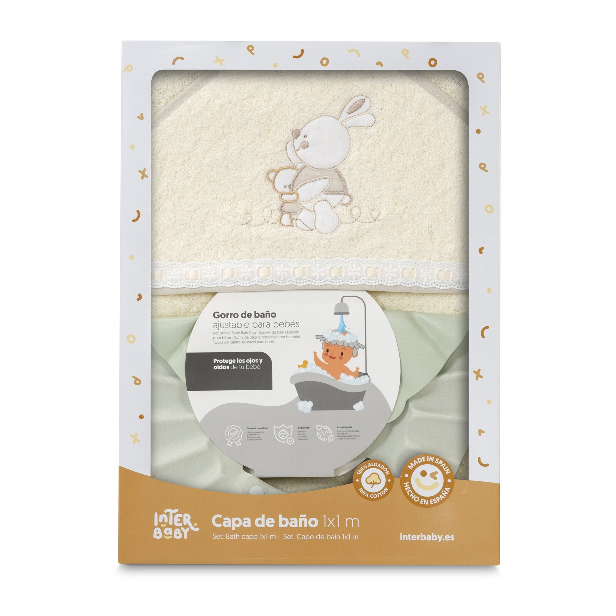 Capa Baño 1X1 Mod Conejitos Abrazos Pasacinta + Gorro Beig