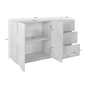 Credenza moderna a 2 ante e 3 cassetti, Made in Italy, Madia da cucina con dettaglio, Buffet di design da soggiorno, cm 143x44h86, colore Bianco lucido