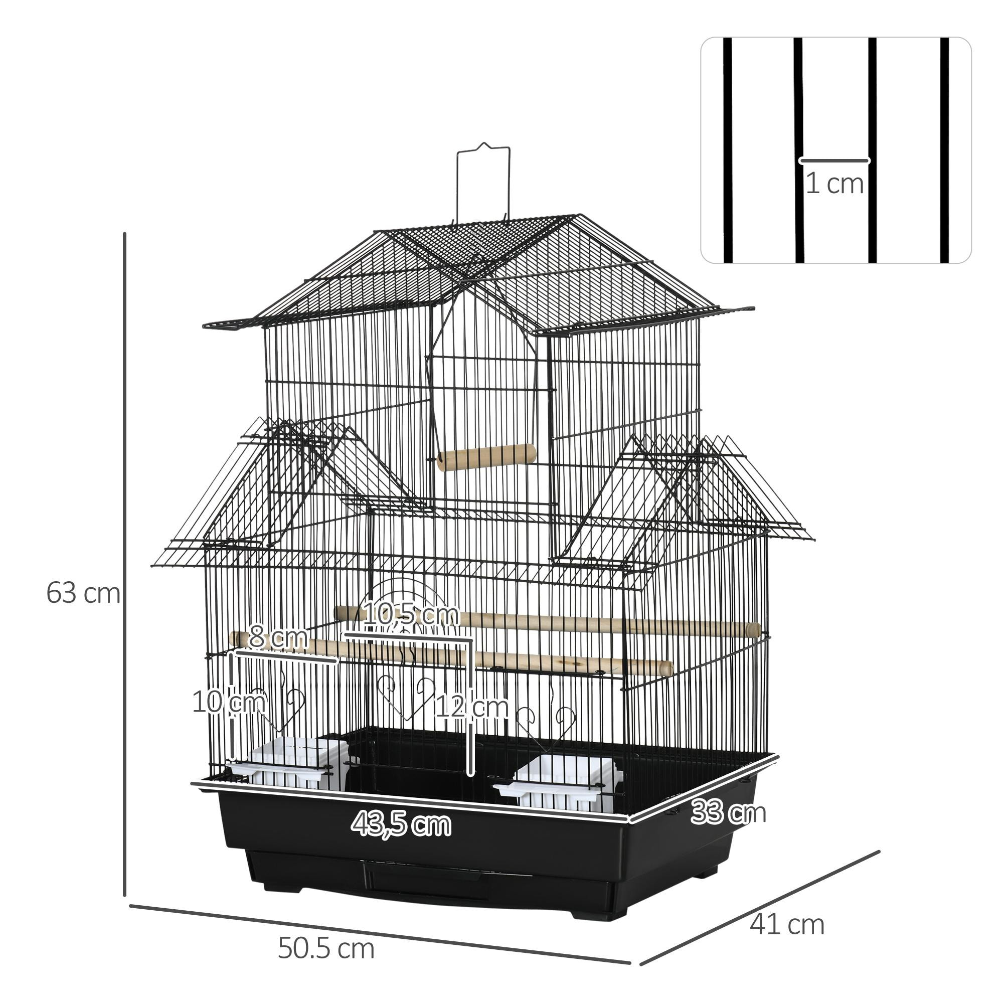 Cage à oiseaux design maison perchoirs mangeoires balançoire 3 portes plateau excrément amovible + poignée transport métal noir