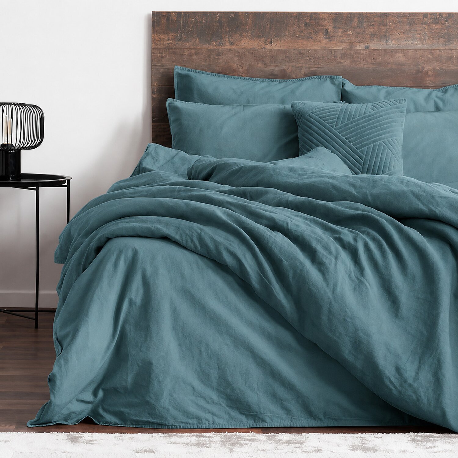 Parure housse de couette unie en coton lavé et lin - lynn - bleu marine