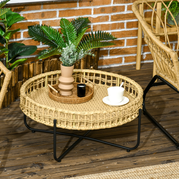 Table basse de jardin ronde Ø 68 X 30H cm - piètement métal noir plateau résine tressée aspect rotin