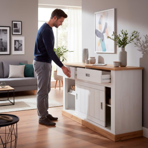 Madia Credenza Mobile Soggiorno Con 2 Cassetti E 2 Ante Scorrevoli 4 Ripiani Interni Design Minimal Shabby 150 x 50 x 95.5 Cm Colore Bianco E Rovere