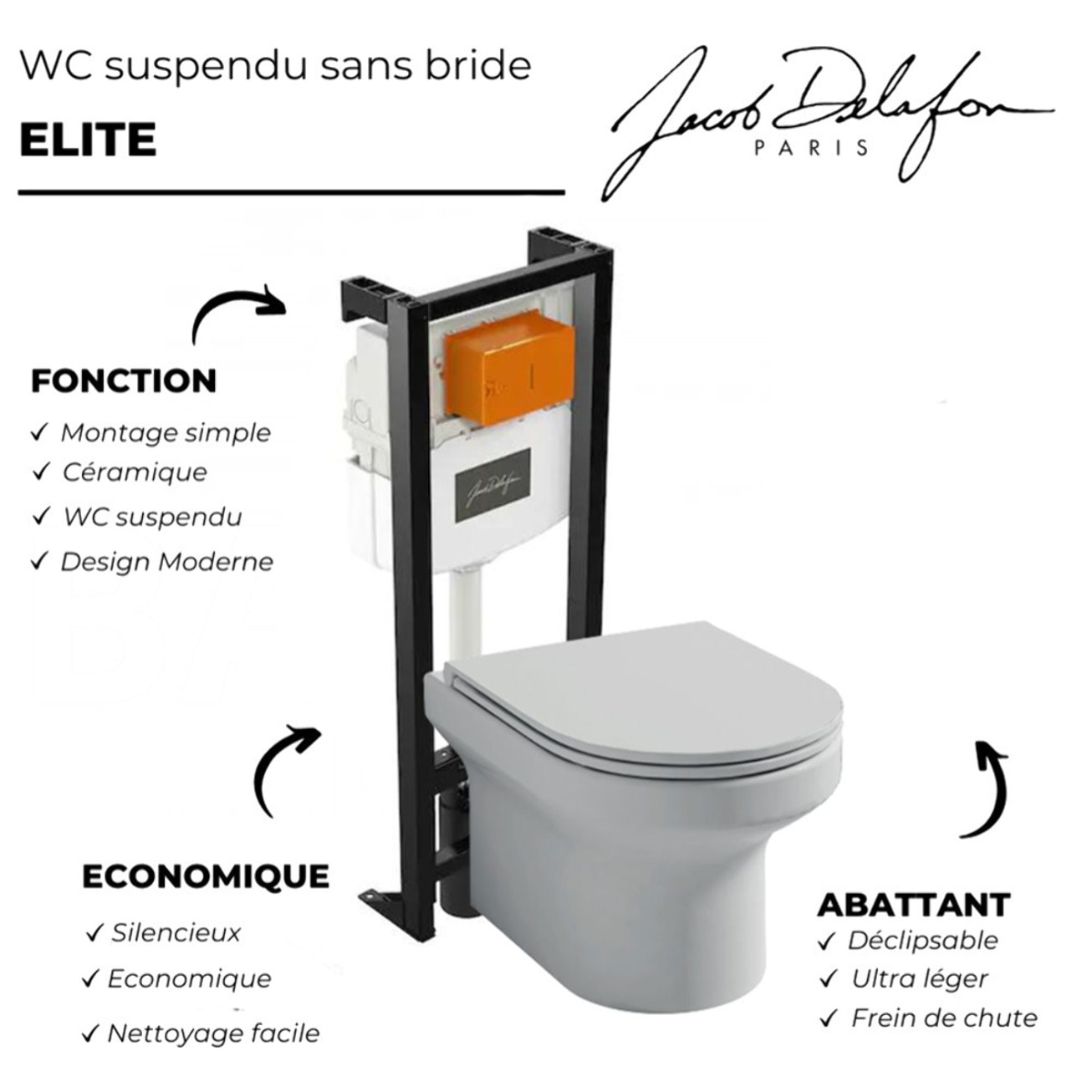 Pack WC suspendu sans bride  Elite + bâti-support + plaque Blanc brillant + accessoires