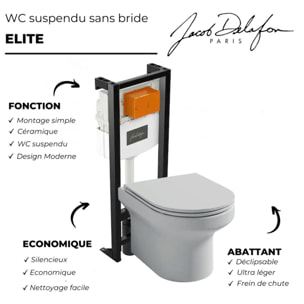 Pack WC suspendu sans bride  Elite + bâti-support + plaque Blanc brillant + accessoires