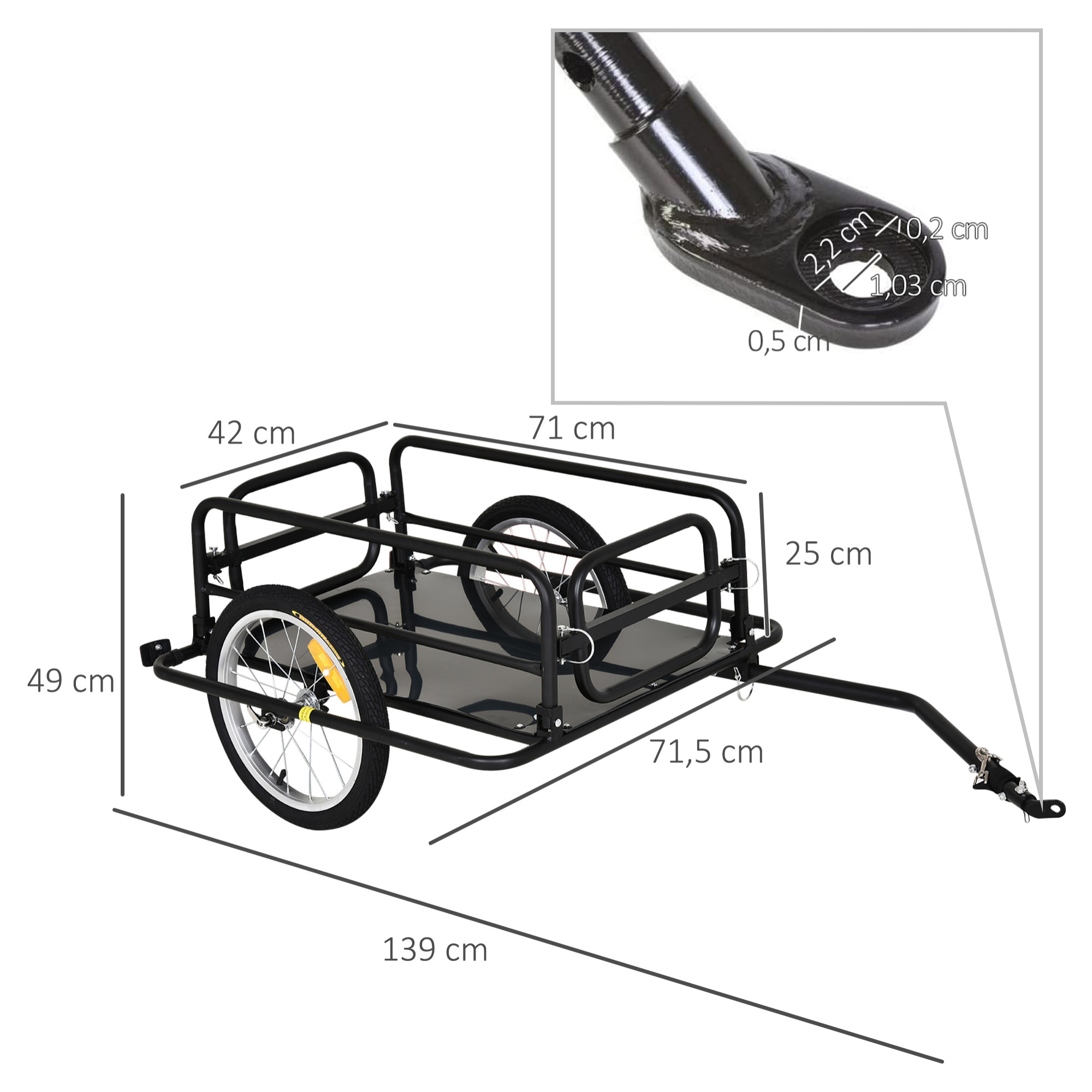 Remorque vélo remorque de transport pour vélo pliable 70L 139L x 71,5l x 49H cm barre d'attelage universelle acier noir