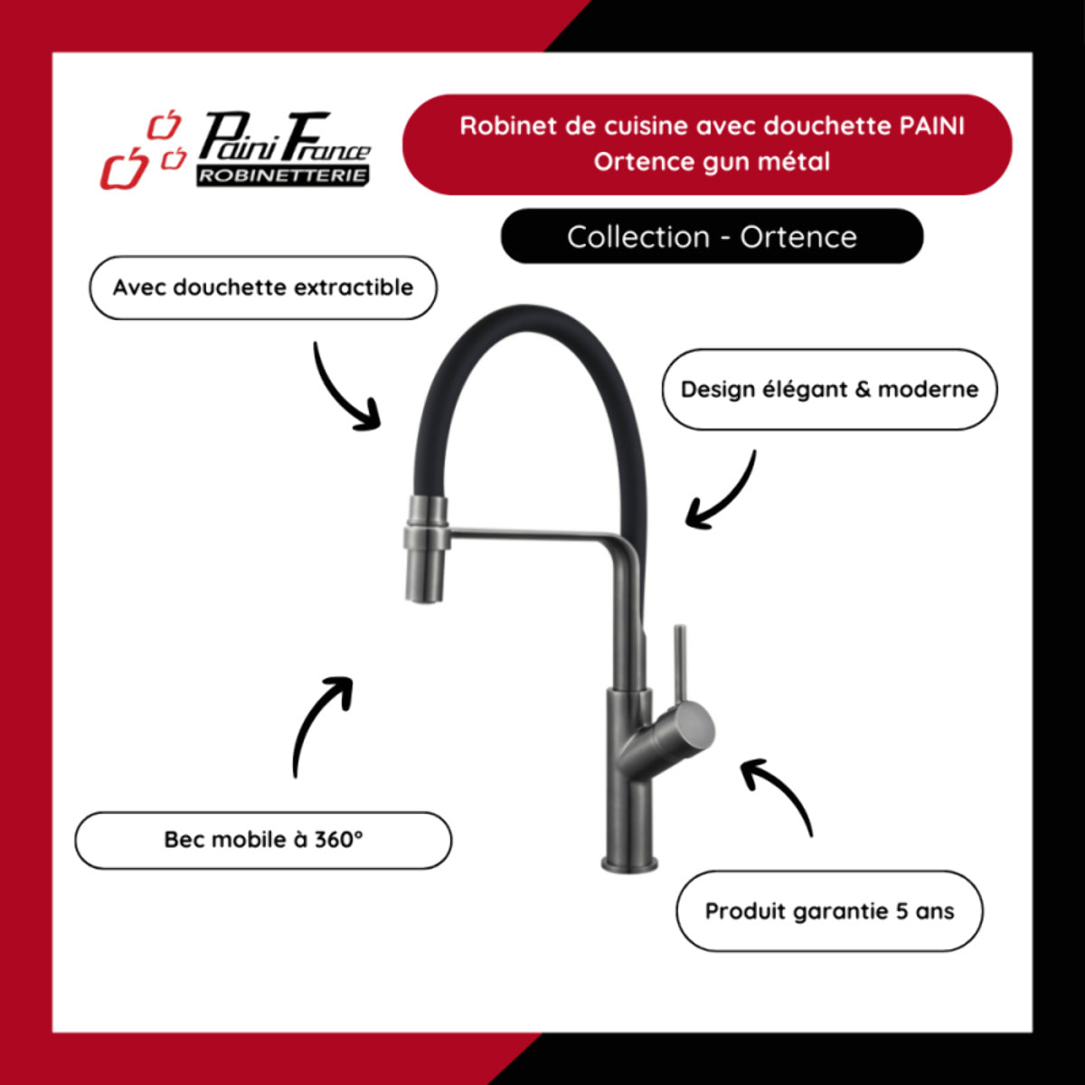 Robinet de cuisine avec douchette PAINI Ortence gun métal