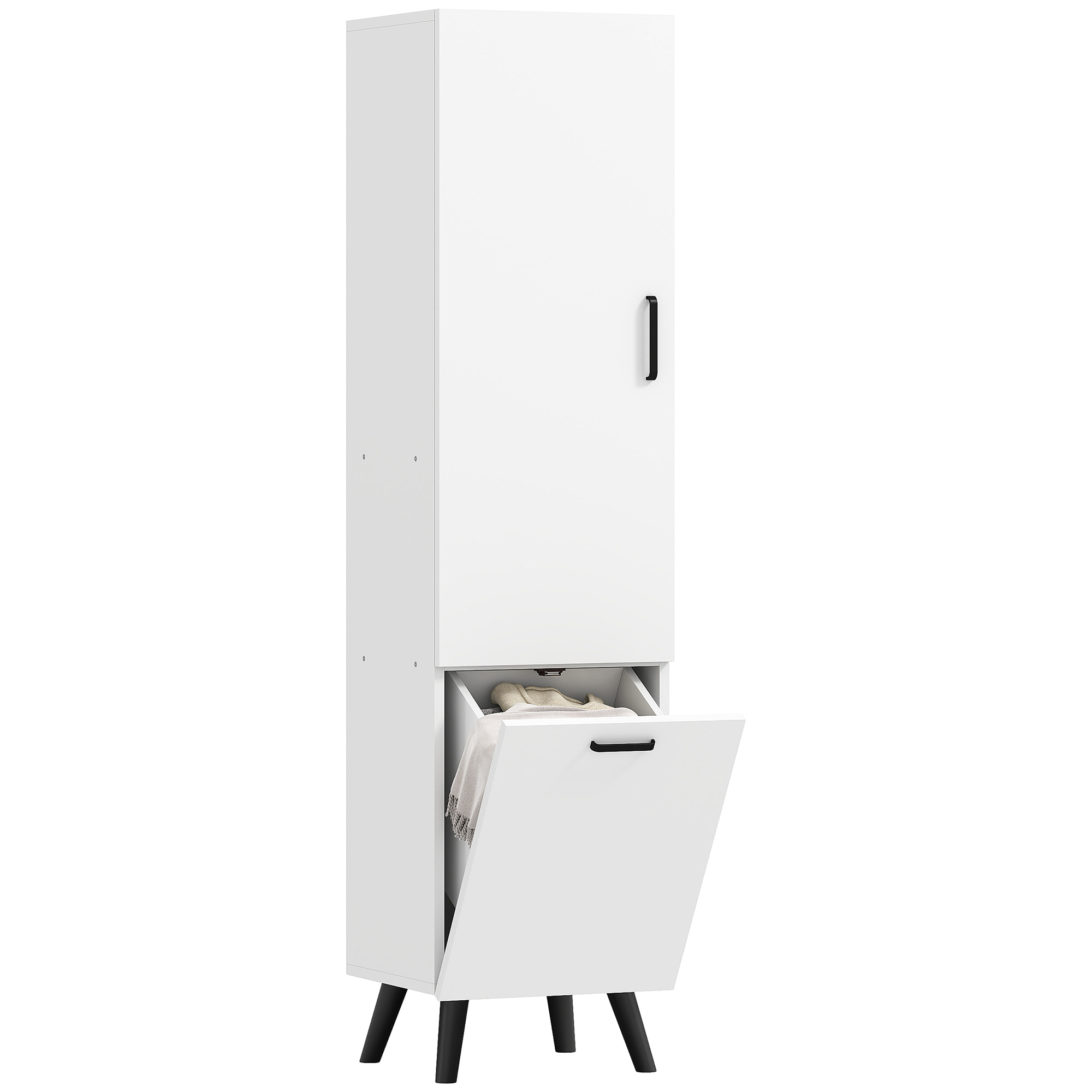 Armario de Baño Alto con Cesto Ropa Sucia Columna de Baño Estrecho con Puerta y Estantes Mueble Auxiliar para Salón Cocina 35x31,5x144 cm Blanco