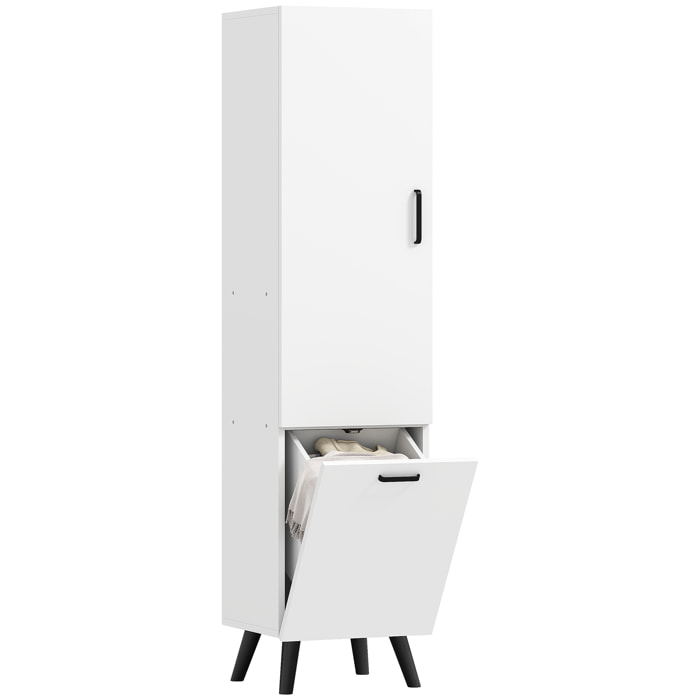 Armario de Baño Alto con Cesto Ropa Sucia Columna de Baño Estrecho con Puerta y Estantes Mueble Auxiliar para Salón Cocina 35x31,5x144 cm Blanco