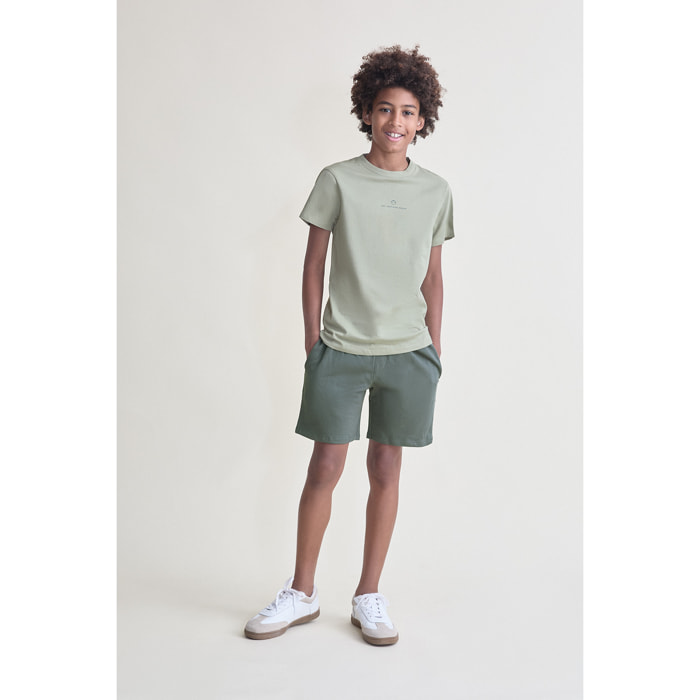 Conjunto Camiseta Lisa con Texto Minimalista y Shorts Lisos con Bolsillos Estilo Casual | Color: Verde kaki | Street Monkey