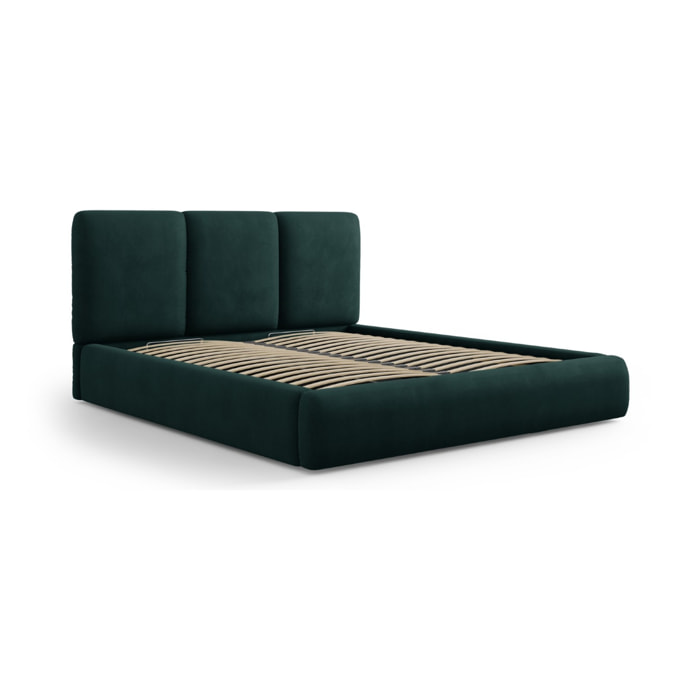 Lit coffre avec tête de lit "Nicolas" 180x200cm en chenille vert bouteille
