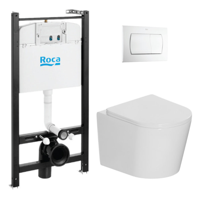 Pack WC bâti-support + WC suspendu sans bride Ceramia + abattant SoftClose + plaque blanche (ROCACETOR1DE)