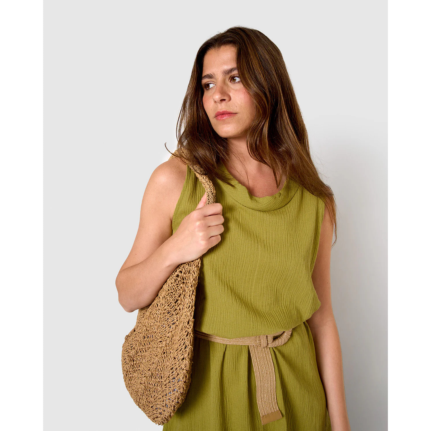 Vestido midi cuello drapeado algodón lino limón