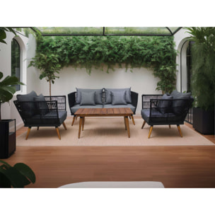 TIAGO - salon bas de jardin 4 places + table - corde et bois - noir et coussins gris - Noir / Gris / Bois