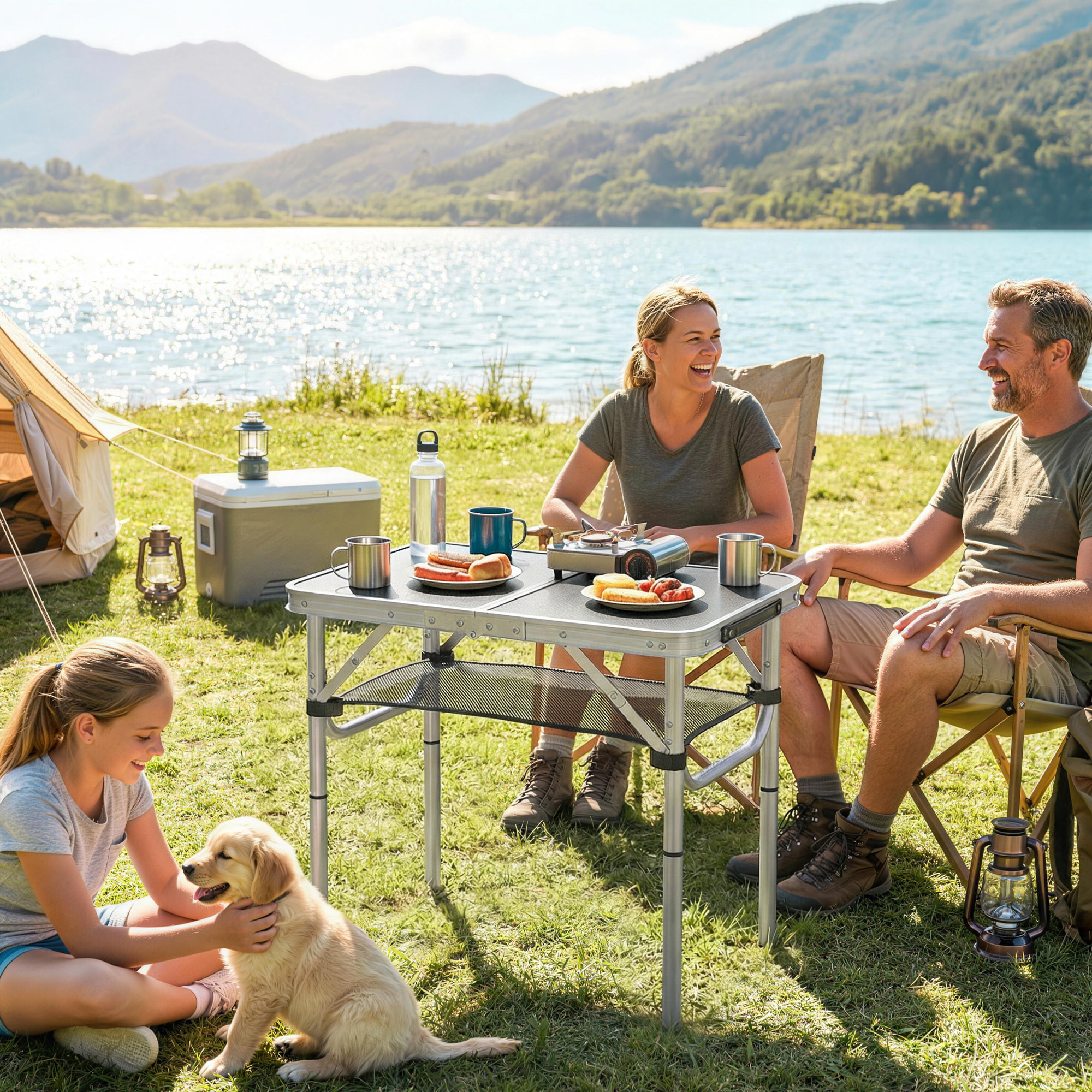 Table de camping pliable réglable alu noir avec rangement filet