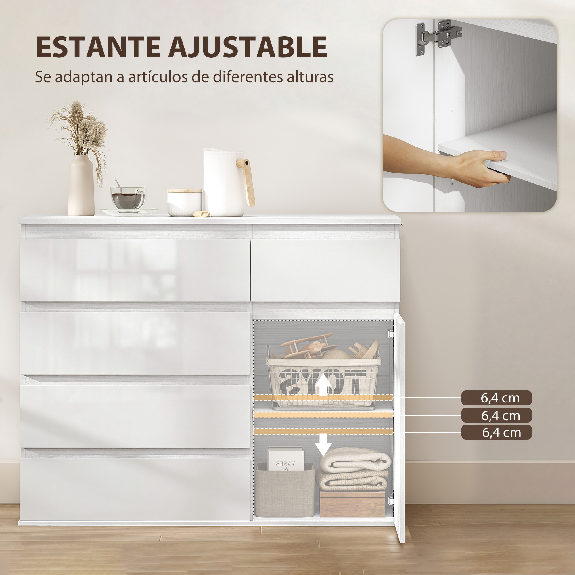 Aparador con 5 Cajones, Aparador de Salón con Estantes Ajustables, Puerta de Cierre Suave, para Cocina, Entrada, Dormitorio, Blanco Brillo, 100x40x80 cm