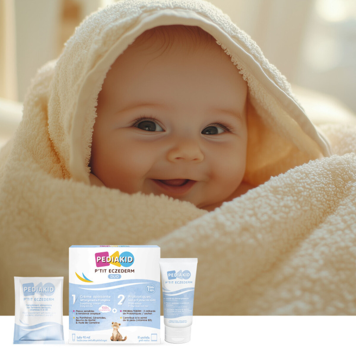 PEDIAKID - P'tit Eczederm Duo - Duo complet IN & OUT - Complément alimentaire probiotiques & crème apaisante naturelle - Peau sensible & sèche -  21 sachets + 1 tube - Lot de 2