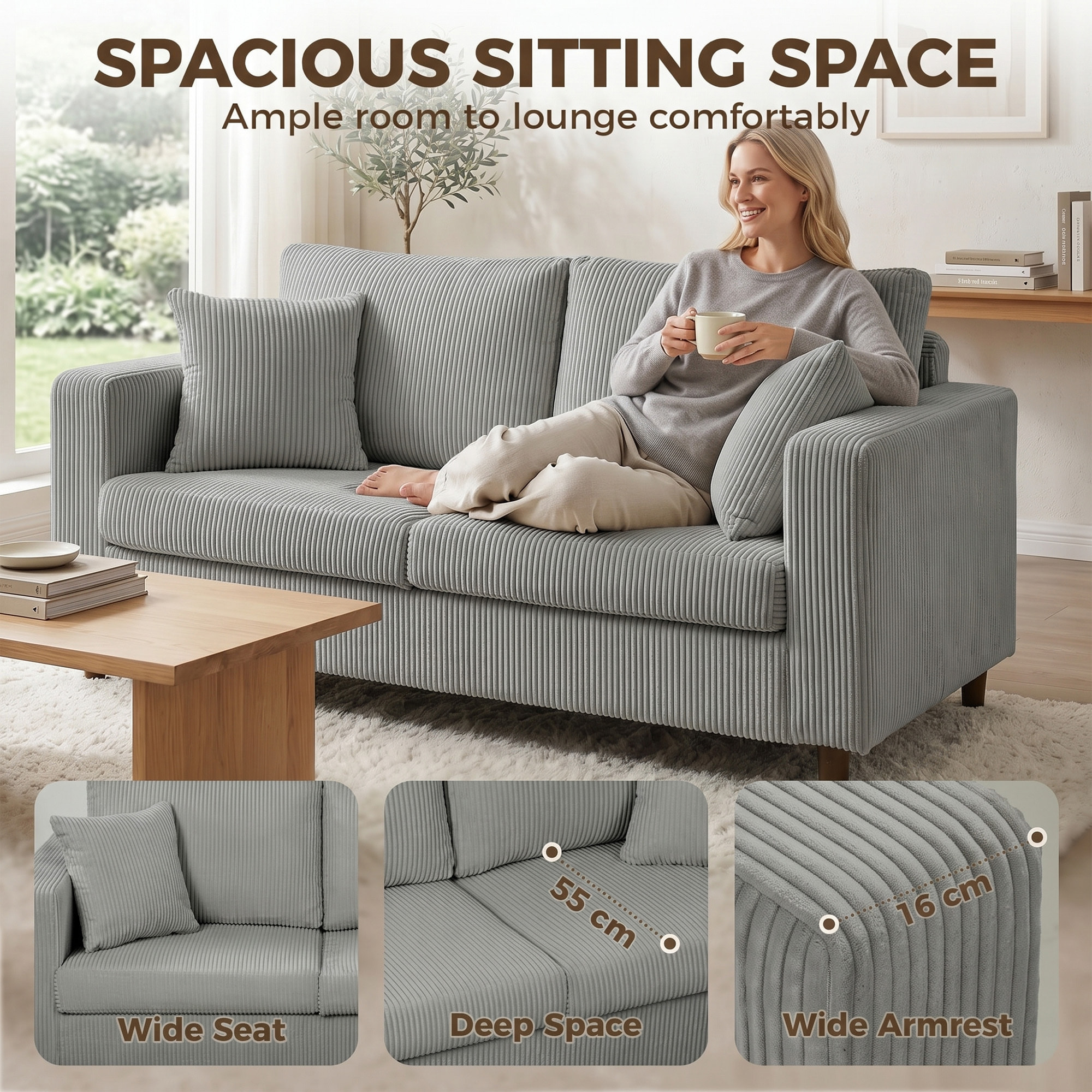Sofá de 2 Plazas Tapizado en Pana, Sofá Moderno con Asiento Ancho y Profundo y Patas de Madera, Carga 240 kg para Dormitorio, Salón 170x80x82 cm, Gris Claro