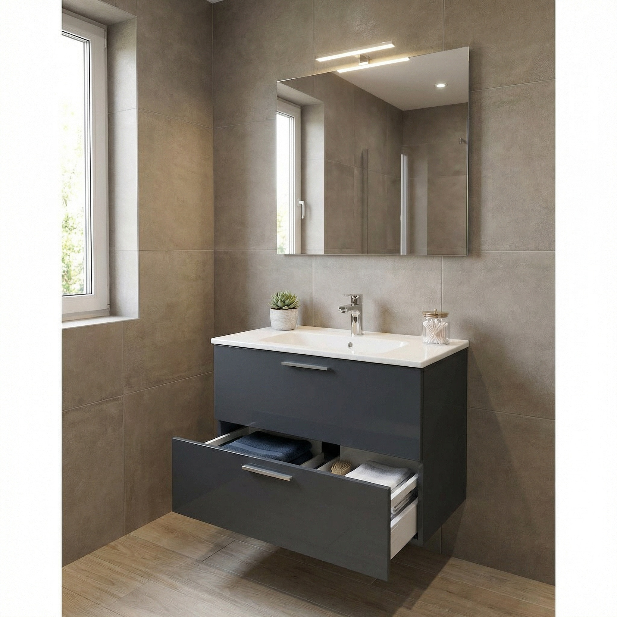 Mia ensemble avec meuble préassemblé 79x61x39,5 cm + miroir + lavabo + éclairage LED, anthracite brillant (MIASET80A)