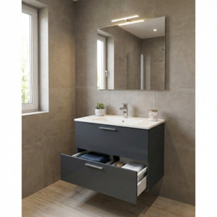 Mia ensemble avec meuble préassemblé 79x61x39,5 cm + miroir + lavabo + éclairage LED, anthracite brillant (MIASET80A)