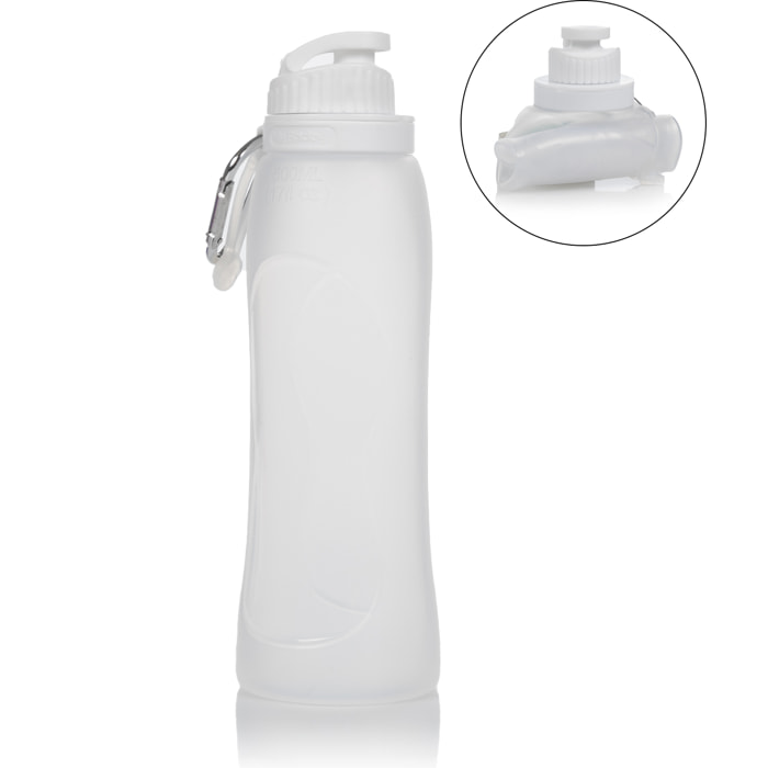 Botella plegable enrollable de 500ml, de silicona de grado alimenticio. Con mosquetón.