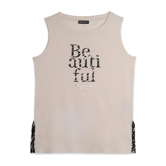 Canotta con fondo svasato e grafica con borchie