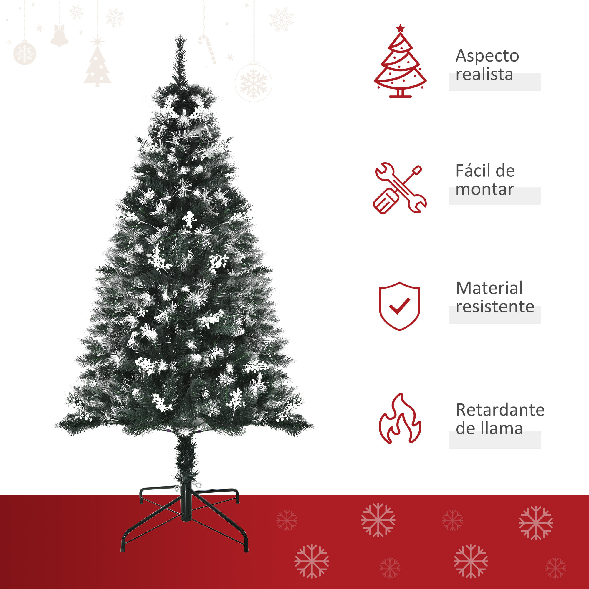 Árbol de Navidad 150 cm Árbol de Navidad Artificial con 378 Ramas 41 Decoraciones Soporte de Acero Base Plegable y Desmontable para Salón Verde