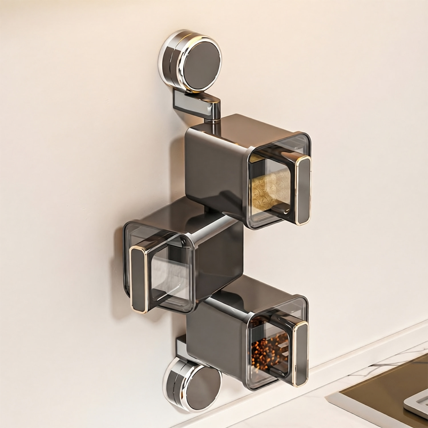 Organizzatore trasparente per spezie da cucina montato a parete con ventose, maniglie ergonomiche con corpo rotante a 180°, 3 scomparti