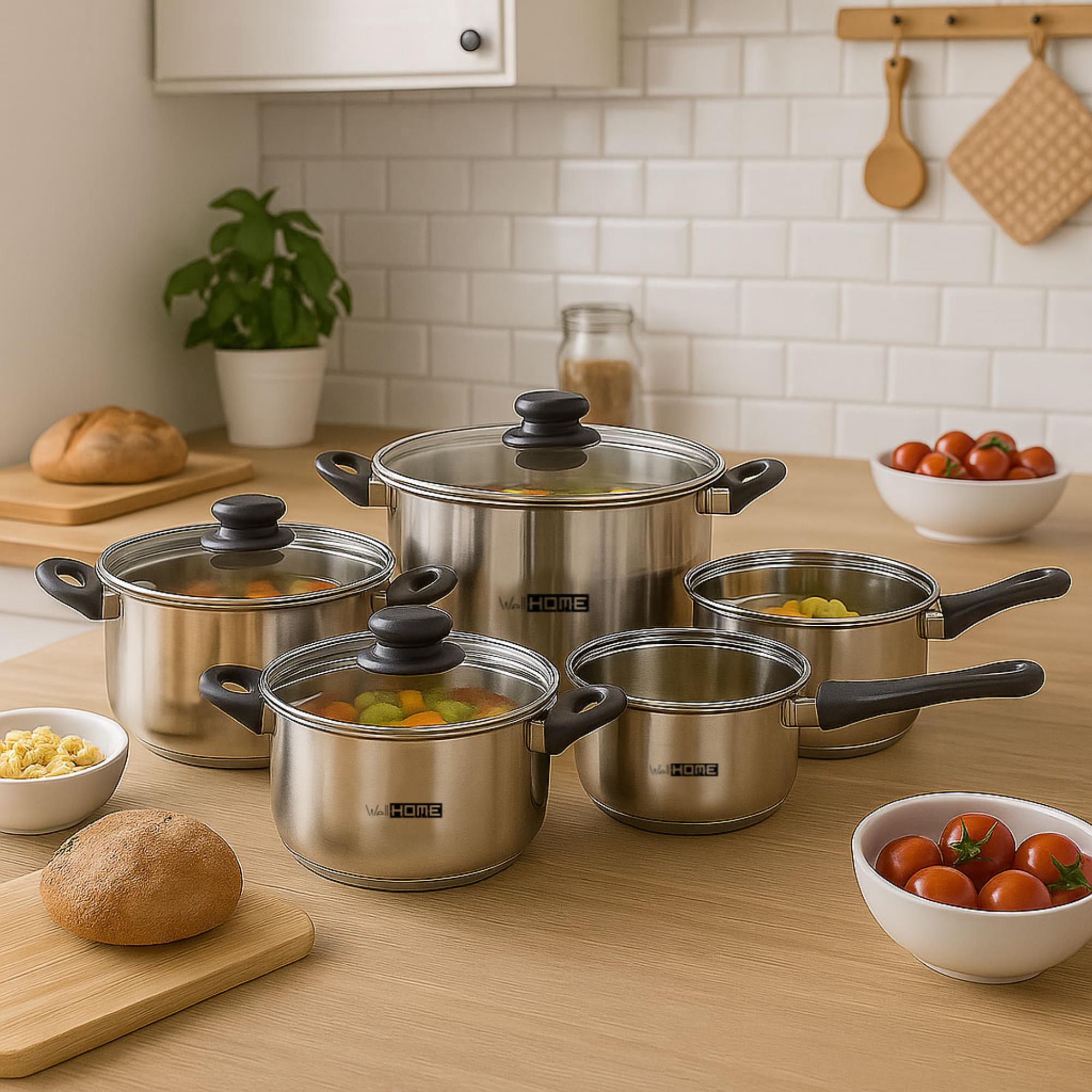 set de batería de cocina de 8 piezas y sartenes en acero inoxidable ø20 ø24 y ø28 x5cm, aptas para inducción y sin antiadherente