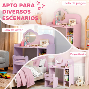 Tocador de Maquillaje Niña, 2 en 1, Escritorio, Tocador Infantil con Taburete, Espejo en Forma de Flor, Estantes Abiertos, para Niños +3 Años, Morado