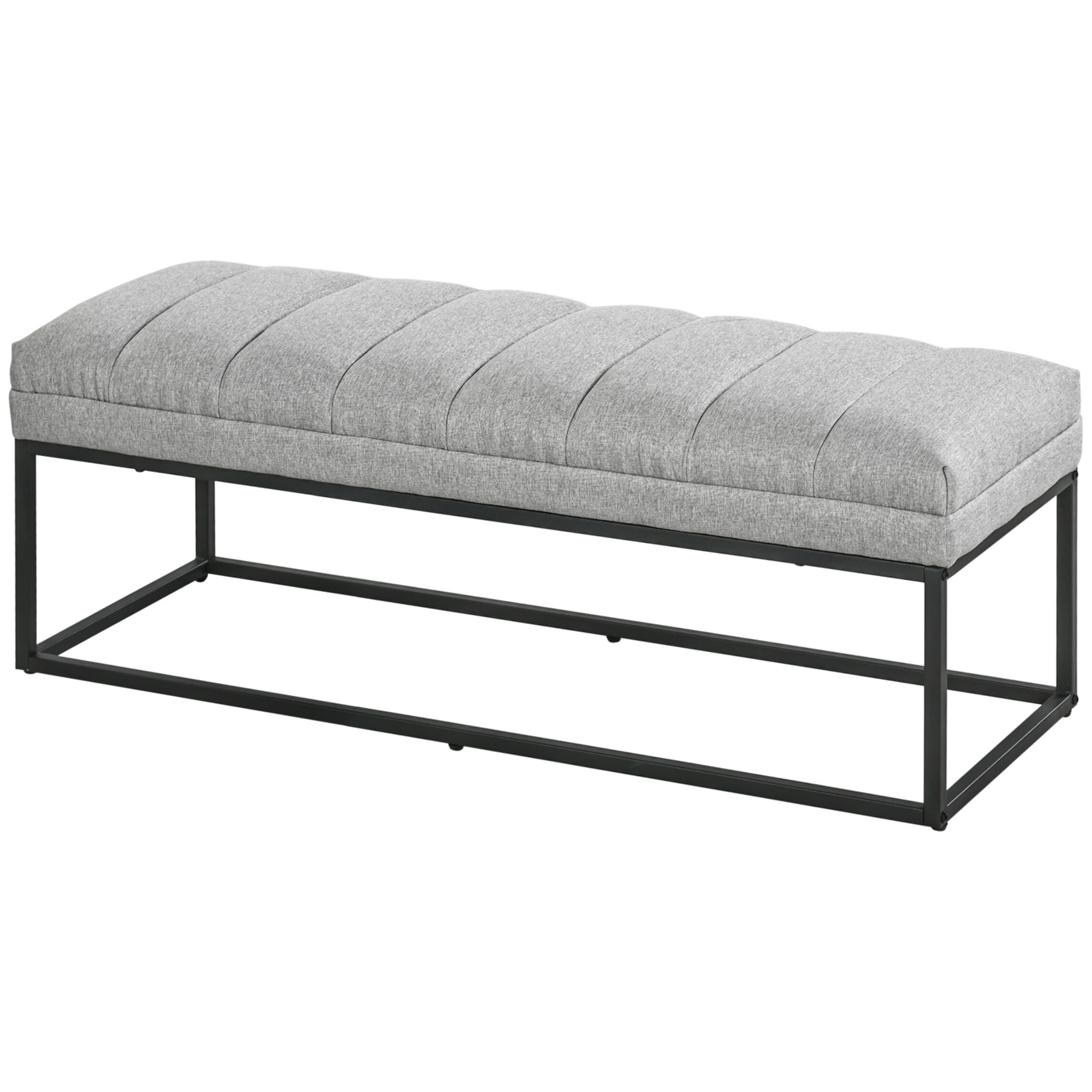Banc bout de lit épais coussin matelassé grand confort acier noir tissu toucher lin gris clair