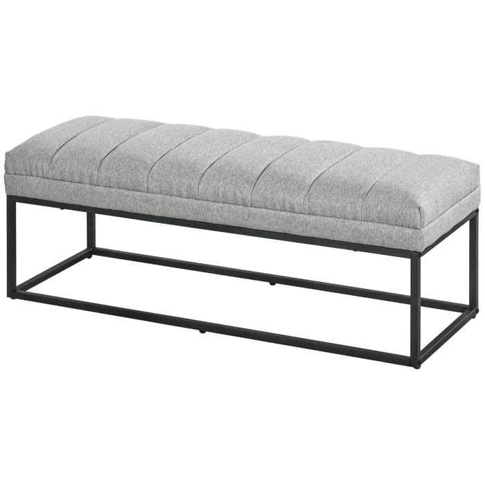 Banc bout de lit épais coussin matelassé grand confort acier noir tissu toucher lin gris clair