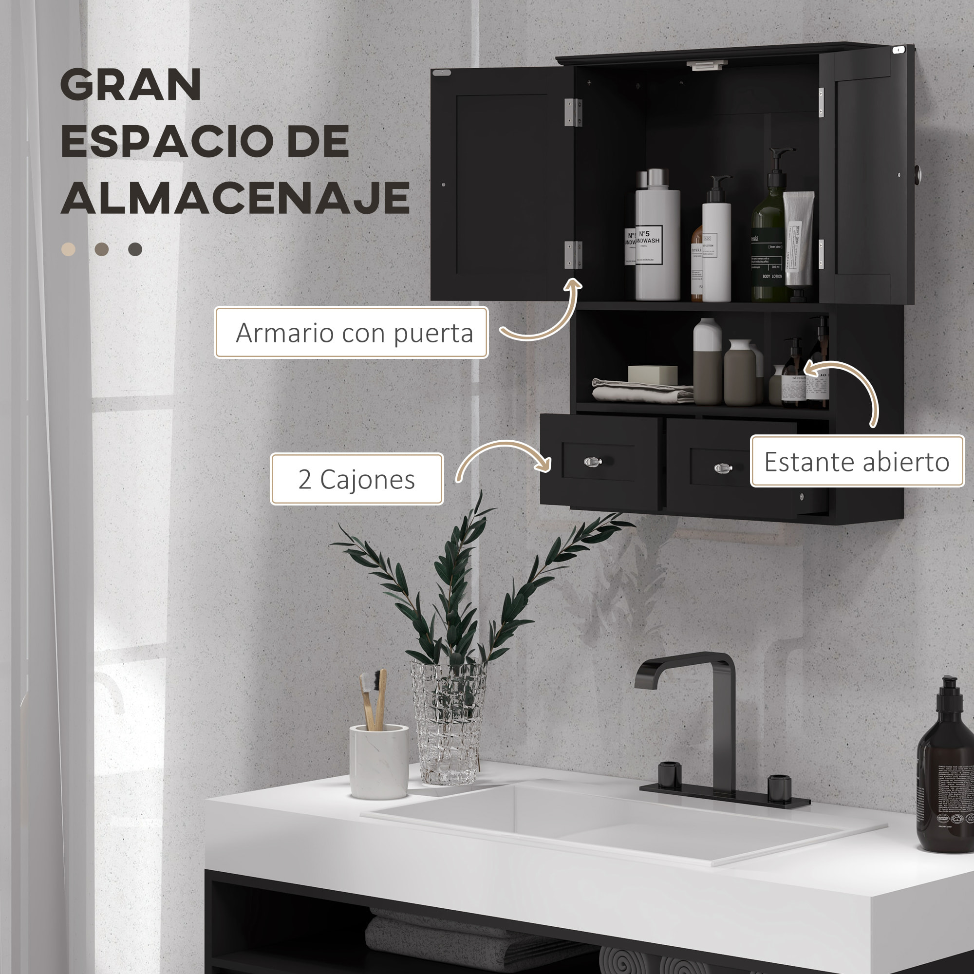 Armario de Baño de Pared, Armario Colgante, Mueble Suspendido de Baño, 2 Puertas con Cierre Magnético, 2 Cajones y Estante Abierto, para Cocina, Lavadero, 50,8x17,8x66 cm, Negro
