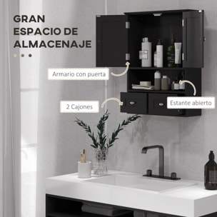 Armario de Baño de Pared, Armario Colgante, Mueble Suspendido de Baño, 2 Puertas con Cierre Magnético, 2 Cajones y Estante Abierto, para Cocina, Lavadero, 50,8x17,8x66 cm, Negro