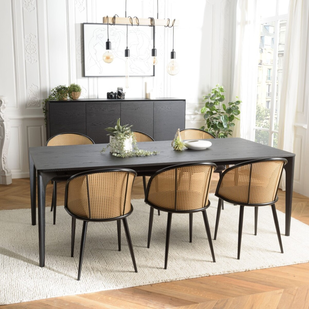 MAXENCE - Table à manger rect. 220x100cm noire pieds en chêne massif