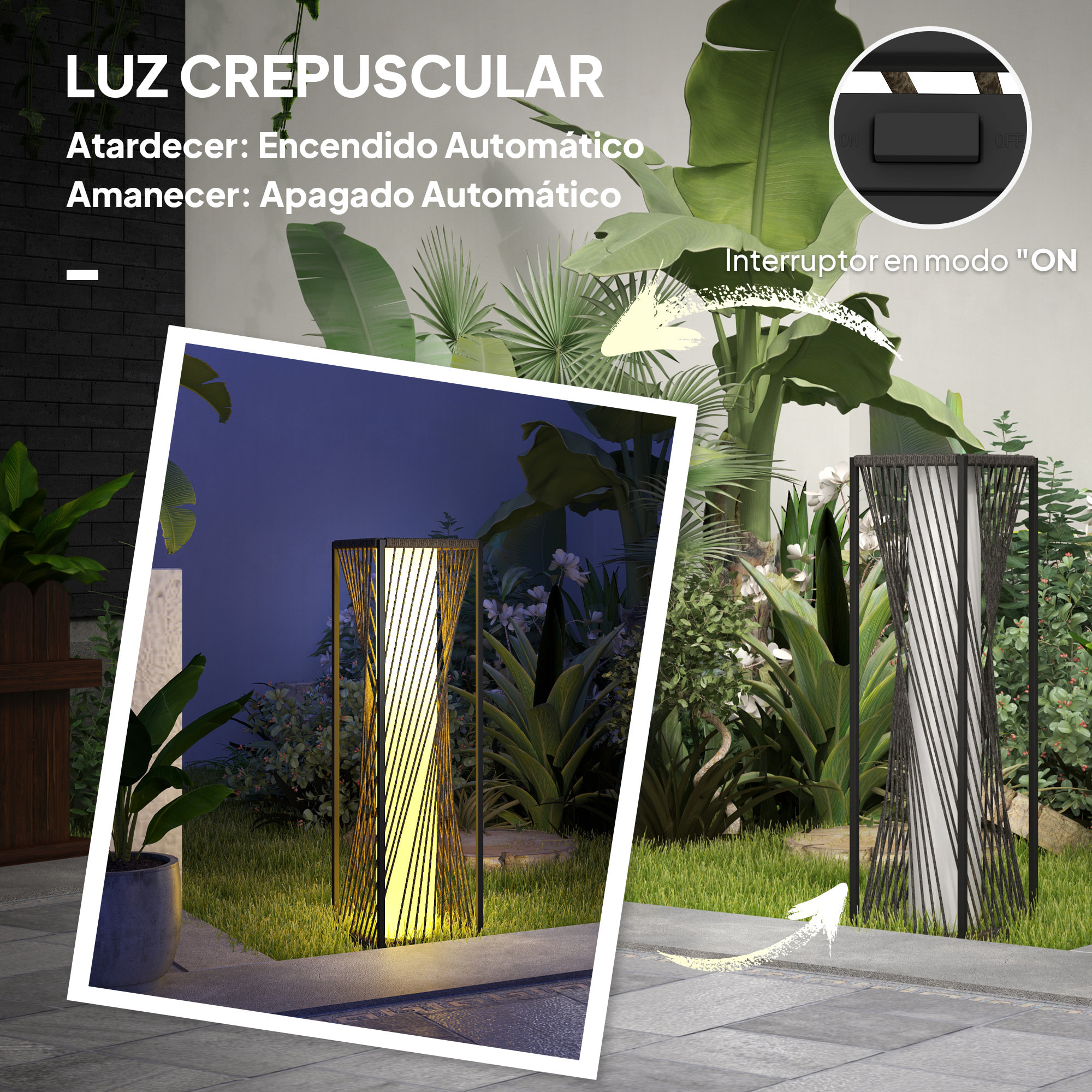 Linterna de Jardín de Ratán Sintético Farola Solar con Luces LED Encendido y Apagado Automático Impermeable para Terraza Balcón Patio 22x22x77 cm Gris