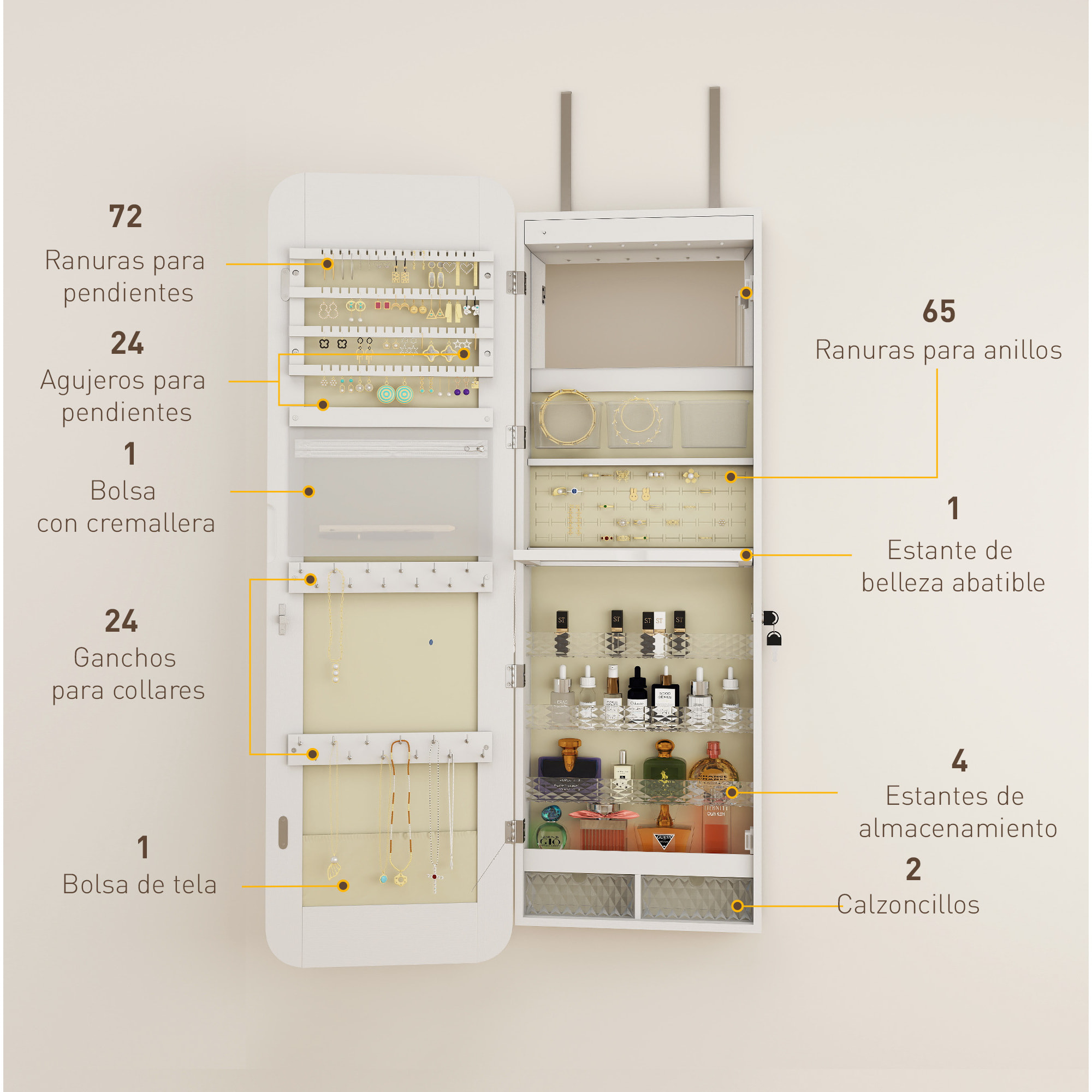 Espejo Joyero con Luz LED, Armario Joyero Montado en la Pared o en la Puerta, Armario para Joyas con Cerradura, Espejo Entero, 2 Cajones, Blanco
