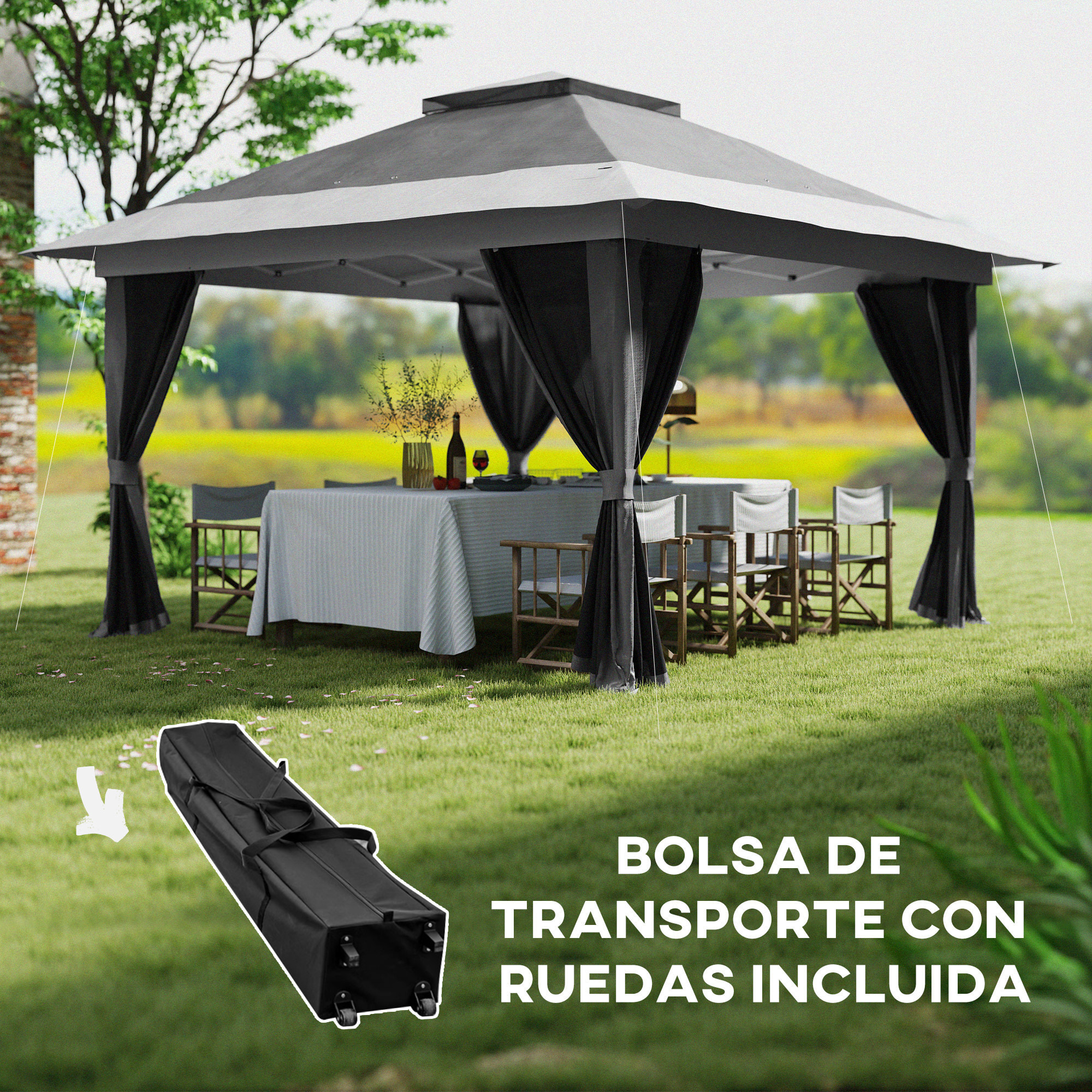 Carpa Plegable Gazebo, 3,6x3,6 m, Cenador Plegable con 4 Paredes Laterales de Malla, Anti-UV, Altura Ajustable, Bolsa de Arena y Bolsa de Transporte, para Camping, Fiestas, Gris Oscuro