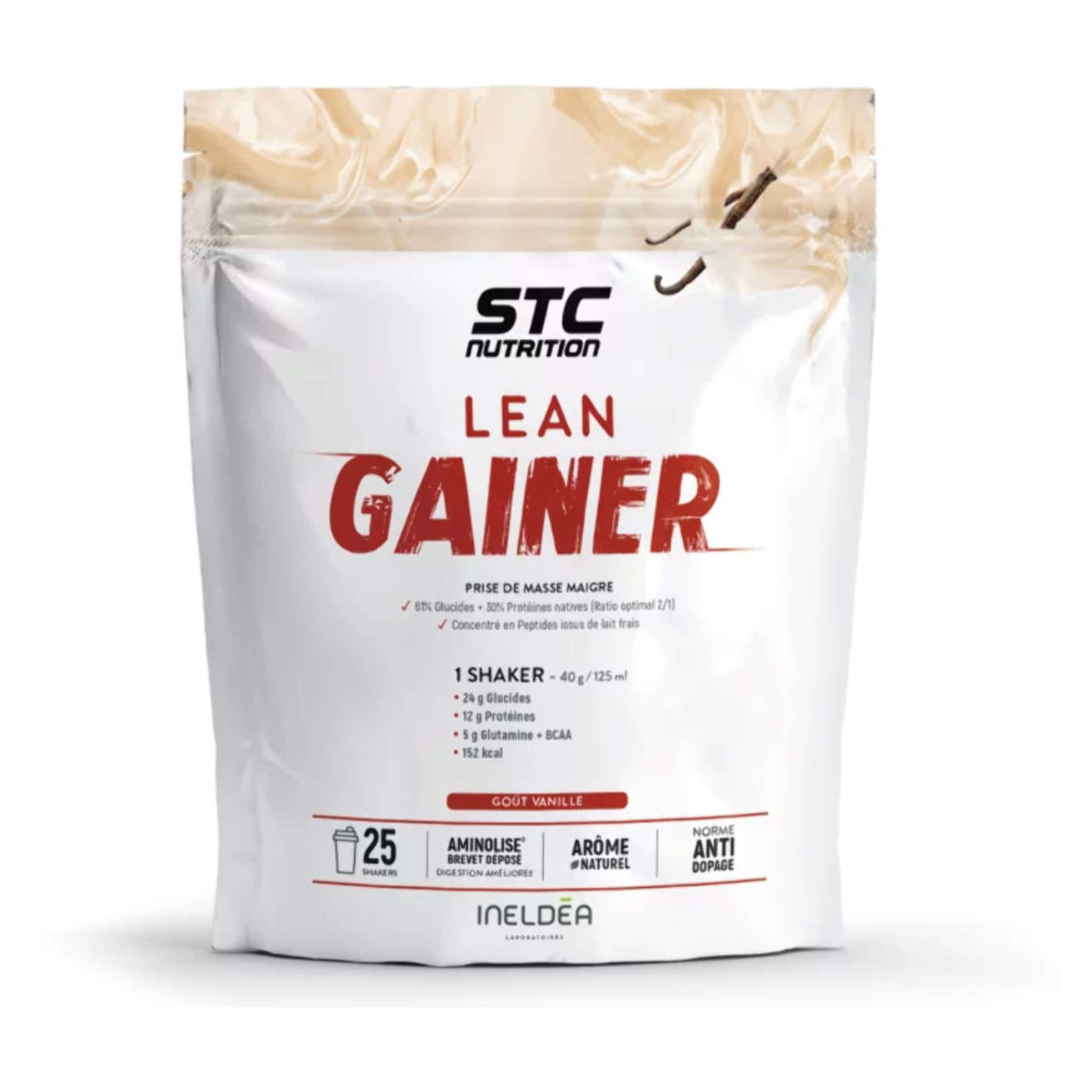 STC NUTRITION – Lean Gainer – Spécial Prise de Masse – Construction Musculaire – Rapport Protéine-Glucide 2:1 – Brevet Aminolise 100% Digeste - Sans Colorant Gluten – Goût Chocolat - 25 Shakers - 1kg - Vanille