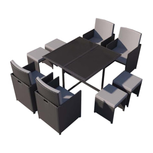 Table et chaises 8 places en résine tressée noir et gris LOUISIANE