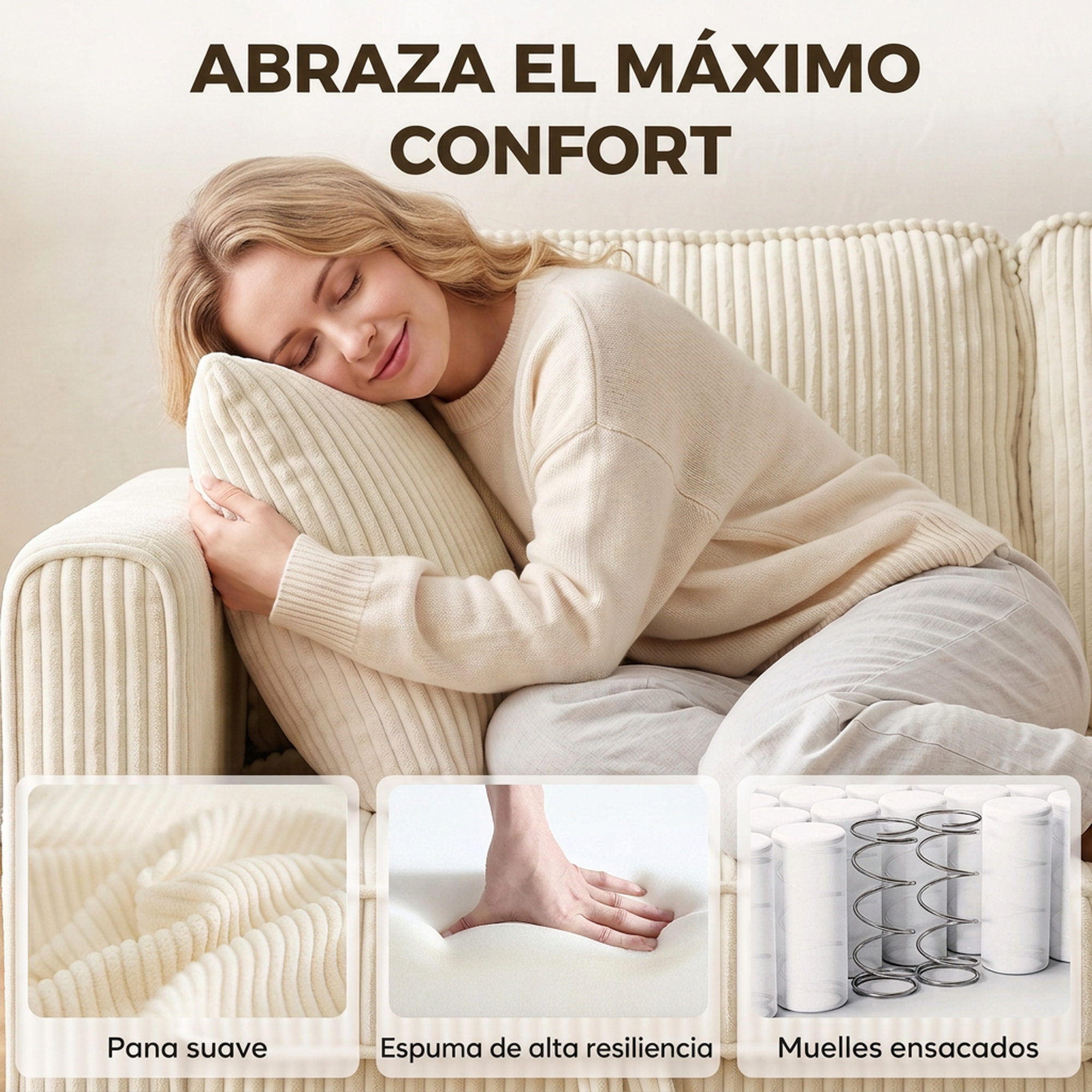 HOMCOM Sofá de 3 Plazas Seccional con Almacenaje, 235 cm, Sofá Modular de Pana con Otomana Reversible, en Forma de L, Asiento Ancho y Profundo, 3 Almohadas, Bolsillos Laterales, Crema